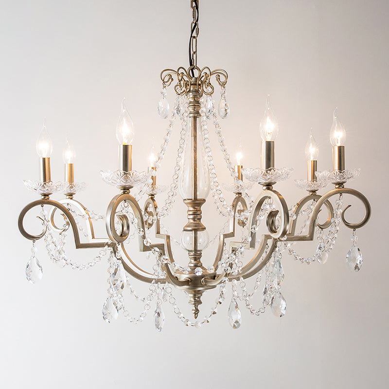 Rustic Crystal Candle Chandelier: Aged Silver Living Room Light With Swirled Arm