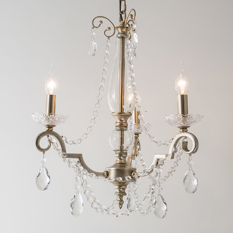 Rustic Crystal Candle Chandelier: Aged Silver Living Room Light With Swirled Arm