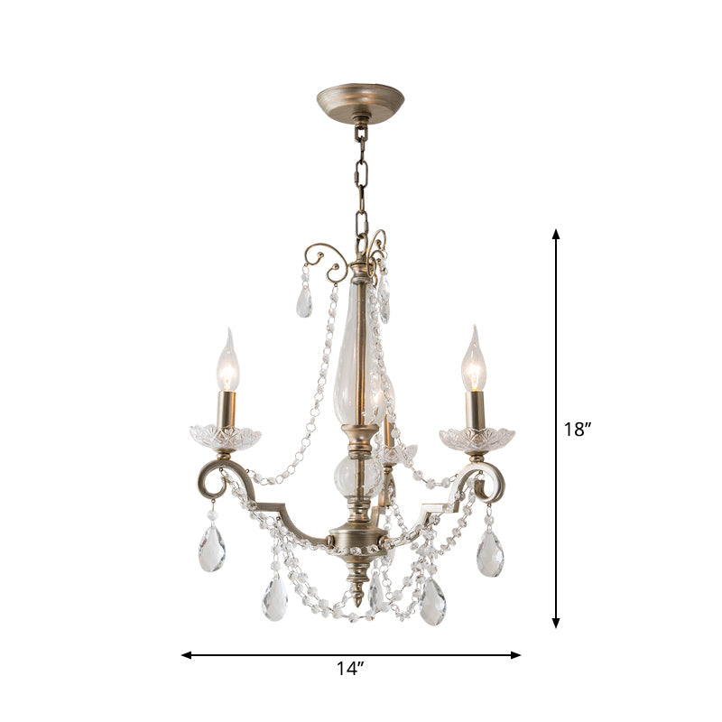 Rustic Crystal Candle Chandelier: Aged Silver Living Room Light With Swirled Arm