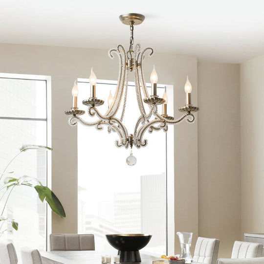 Classic Crystal Bead Pendant Chandelier - Nickel Finish 6-Bulb Ceiling Light