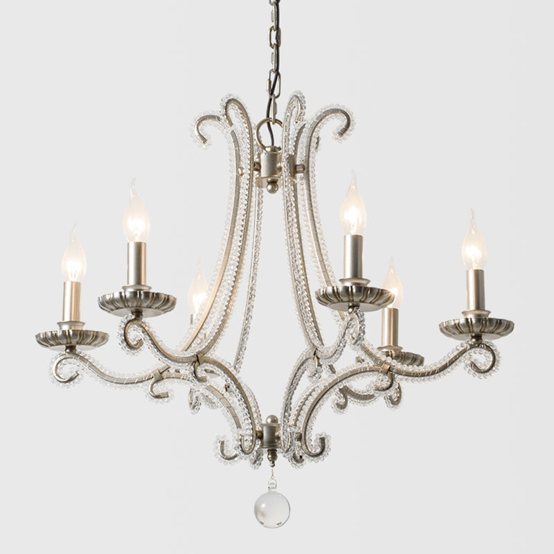 Classic Crystal Bead Pendant Chandelier - Nickel Finish 6-Bulb Ceiling Light