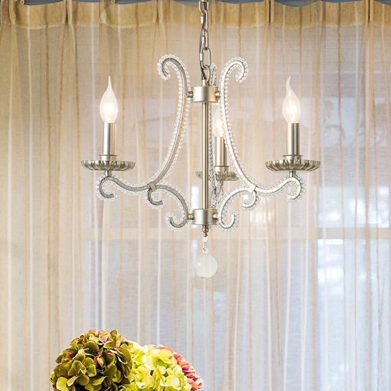 Classic Crystal Beaded Chandelier Hanging Lamp With 3 Lights In Nickel Finish