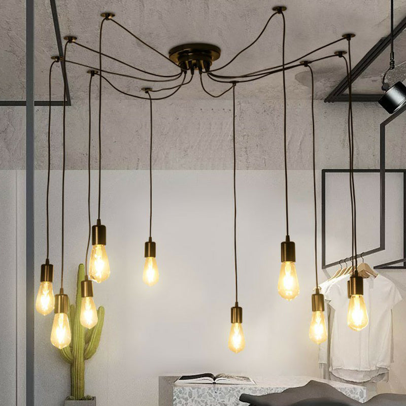 Industrial Black Metal 10-Head Swag Pendant Light For Garage - Naked Bulb Design