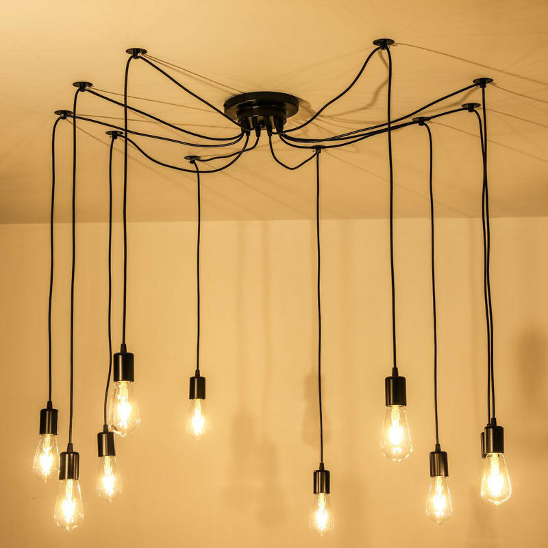 Industrial Black Metal 10-Head Swag Pendant Light For Garage - Naked Bulb Design