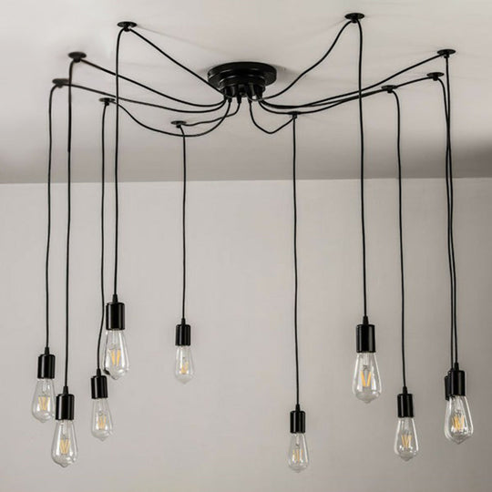 Industrial Metal Pendant Light with 10 Black Naked Bulb Heads - Perfect Garage Swag Hanging Lamp