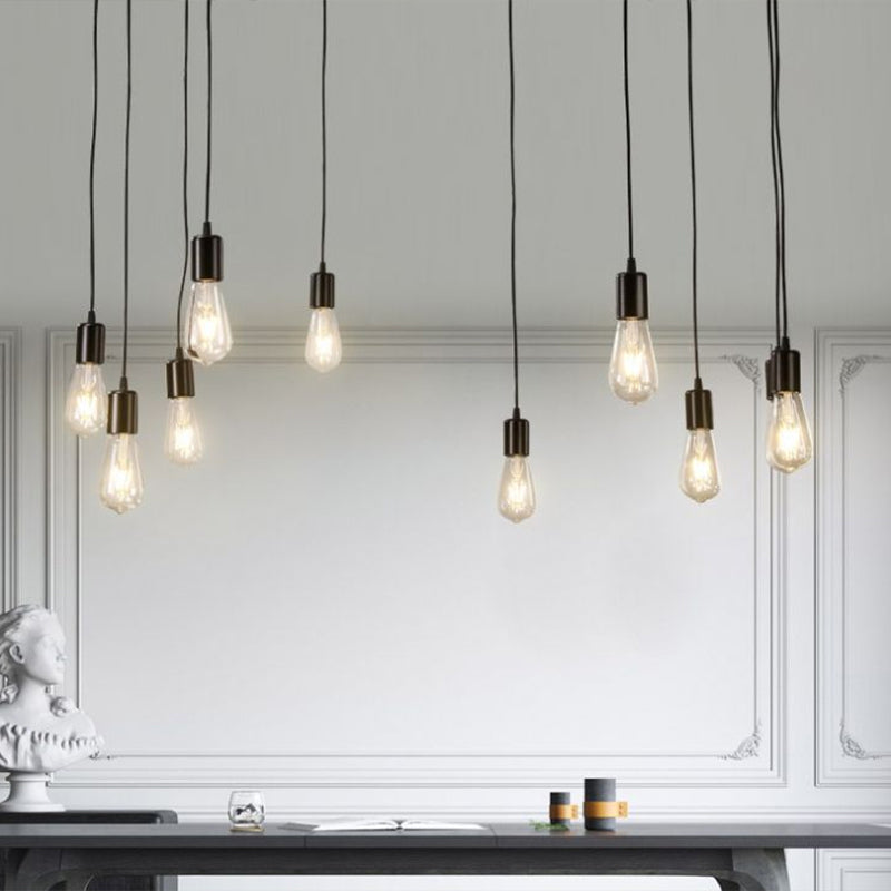 Industrial Black Metal 10-Head Swag Pendant Light For Garage - Naked Bulb Design