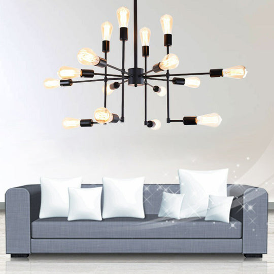 Industrial Style Black Metal Chandelier - 16 Bulbs 4-Sided Ceiling Hang Light For Living Room