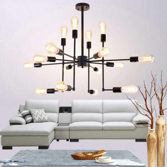 Industrial Style Black Metal Chandelier - 16 Bulbs 4-Sided Ceiling Hang Light For Living Room