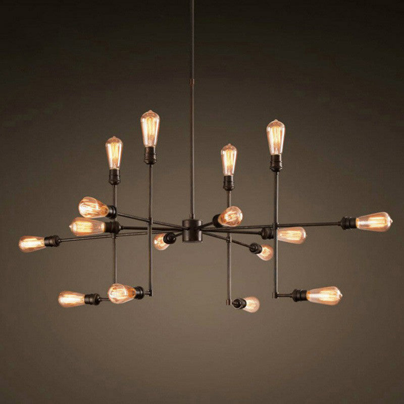 Industrial Style 4-Sided Chandelier – 16 Bulbs, Black Metal - Ideal for Living Room Ceiling