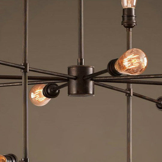 Industrial Style 4-Sided Chandelier – 16 Bulbs, Black Metal - Ideal for Living Room Ceiling