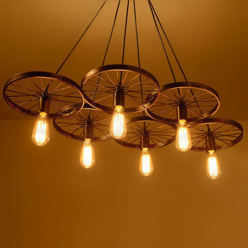 Industrial Rust Metal Chandelier: Wheel Ceiling Pendant Light for Living Room