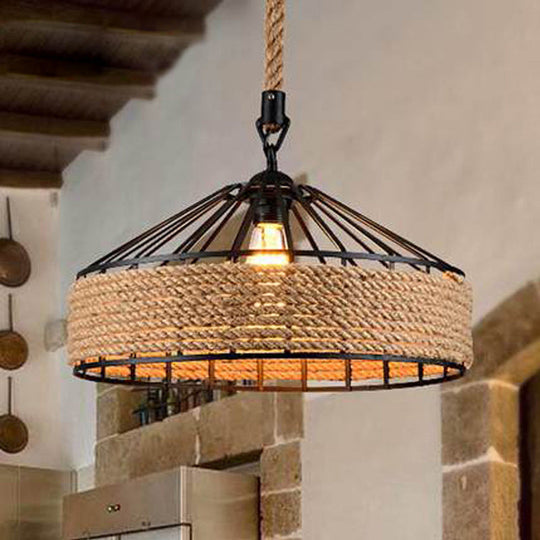 Modern Black Yurt Pendant Ceiling Lamp - Loft Hemp Rope 1-Bulb Hanging Light For Dining Room