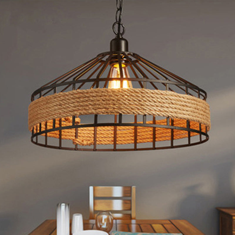 Modern Black Yurt Pendant Ceiling Lamp - Loft Hemp Rope 1-Bulb Hanging Light For Dining Room