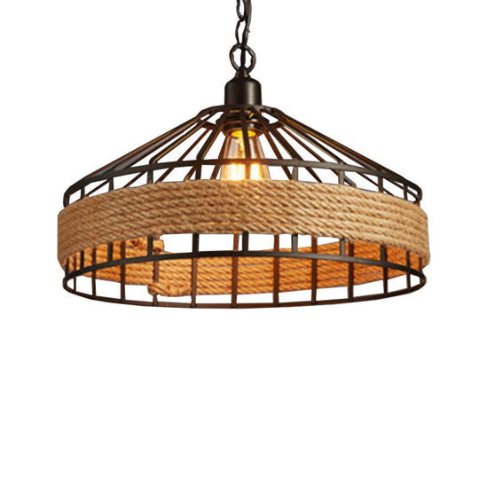 Modern Black Yurt Pendant Ceiling Lamp - Loft Hemp Rope 1-Bulb Hanging Light For Dining Room