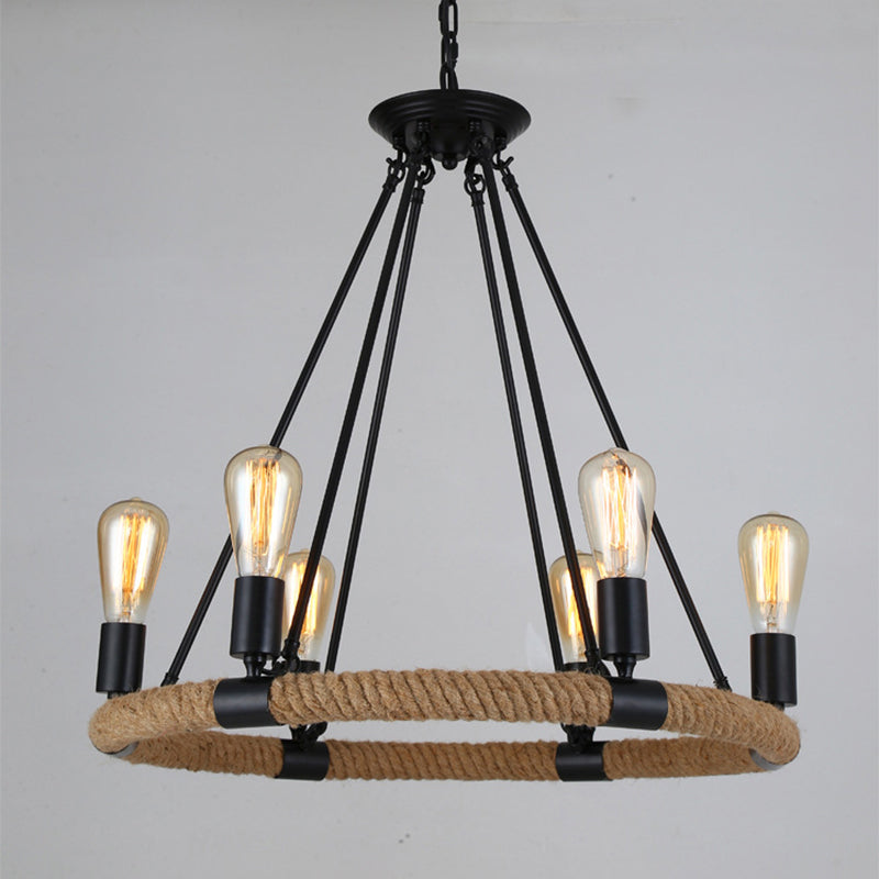 Country Hemp Rope Loop Chandelier - Hanging Ceiling Light In Black For Restaurants

This Revised