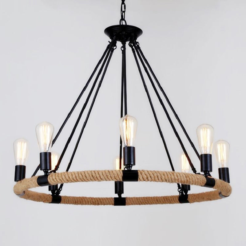 Country Hemp Rope Loop Chandelier - Hanging Ceiling Light, Black Restaurant Lamp