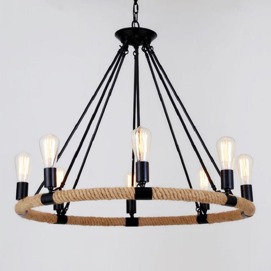 Country Hemp Rope Loop Chandelier - Hanging Ceiling Light In Black For Restaurants

This Revised