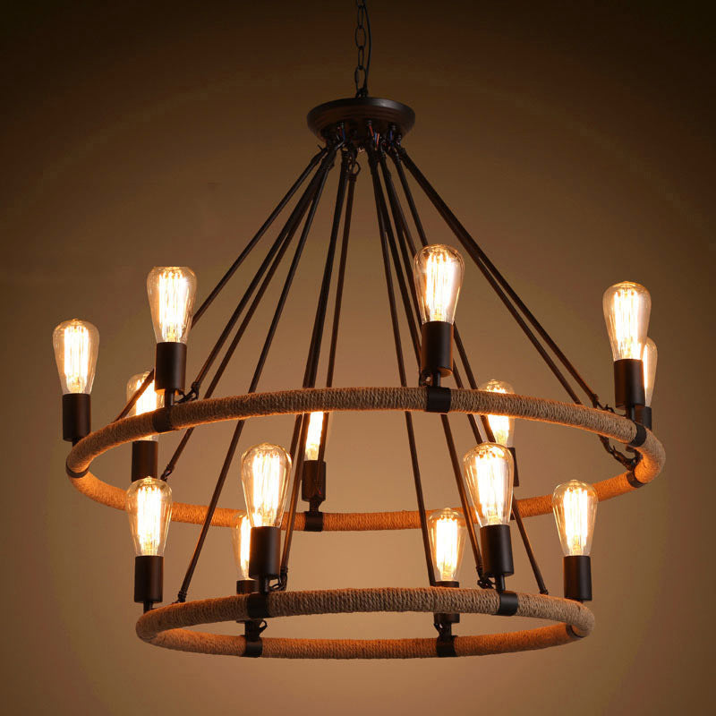 Country Hemp Rope Loop Chandelier - Hanging Ceiling Light, Black Restaurant Lamp