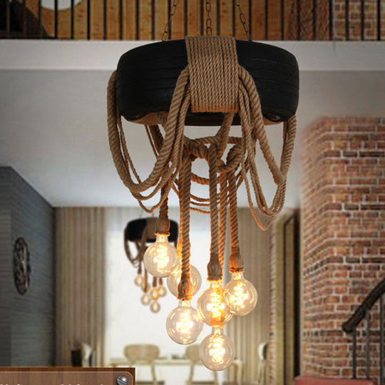 Loft Style Rope Chandelier With Tyre Decoration And 6 Bare Bulbs In Brown