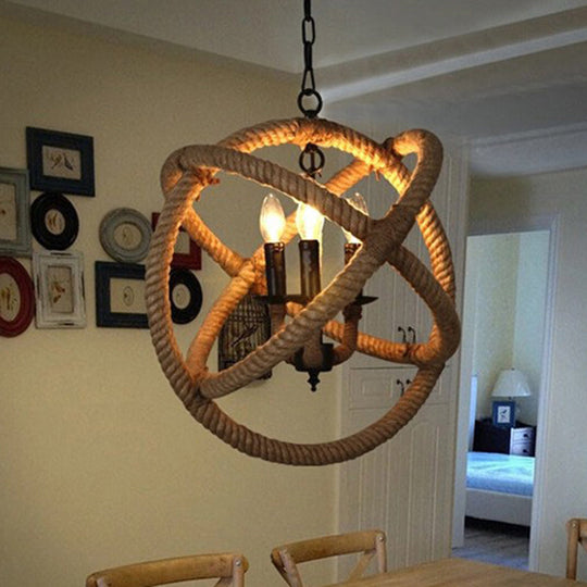 White Orbit Globe Pendant Chandelier With Hemp Rope - Farmhouse Style Ceiling Light For Dining Room