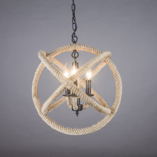 Globe Pendant Chandelier with Hemp Rope Accent - White Orbit Design, 3-Bulb Ceiling Light for Farmhouse Dining Room