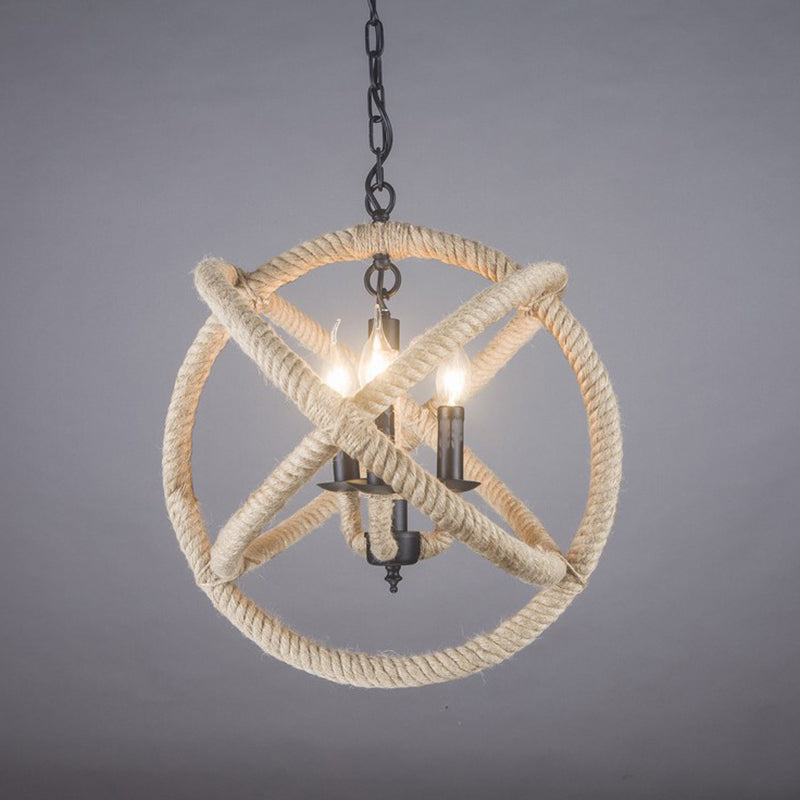 White Orbit Globe Pendant Chandelier With Hemp Rope - Farmhouse Style Ceiling Light For Dining Room