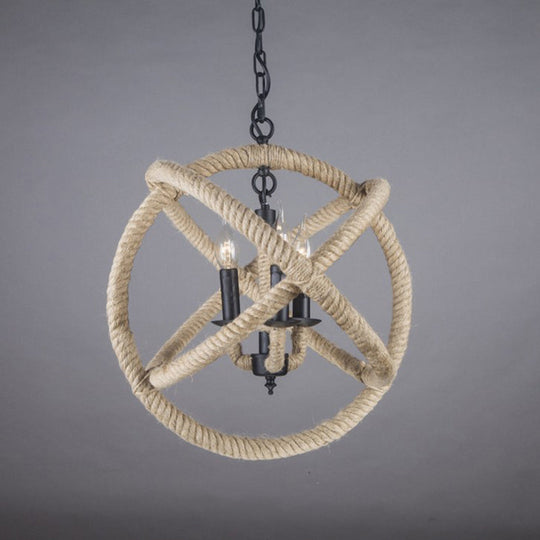 Globe Pendant Chandelier with Hemp Rope Accent - White Orbit Design, 3-Bulb Ceiling Light for Farmhouse Dining Room