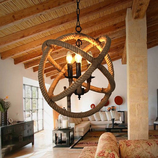 Globe Pendant Chandelier with Hemp Rope Accent - White Orbit Design, 3-Bulb Ceiling Light for Farmhouse Dining Room