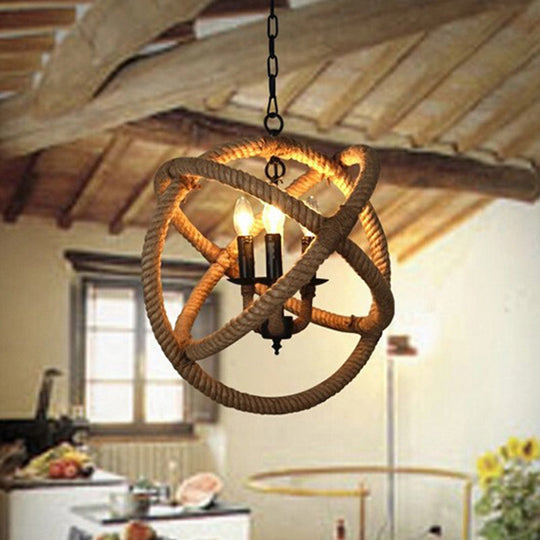 White Orbit Globe Pendant Chandelier With Hemp Rope - Farmhouse Style Ceiling Light For Dining Room