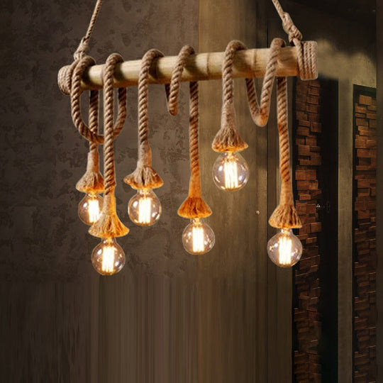 Country Hemp Rope Pendant Lighting With Bamboo Stick - 6 Bulbs Brown Finish