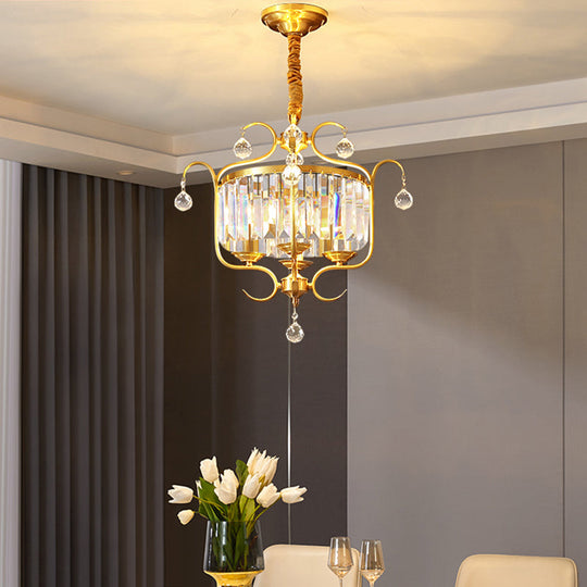 Traditional Crystal Chandelier - Gold Drum Shaped Suspension Lighting 4-Bulb Restaurant Light