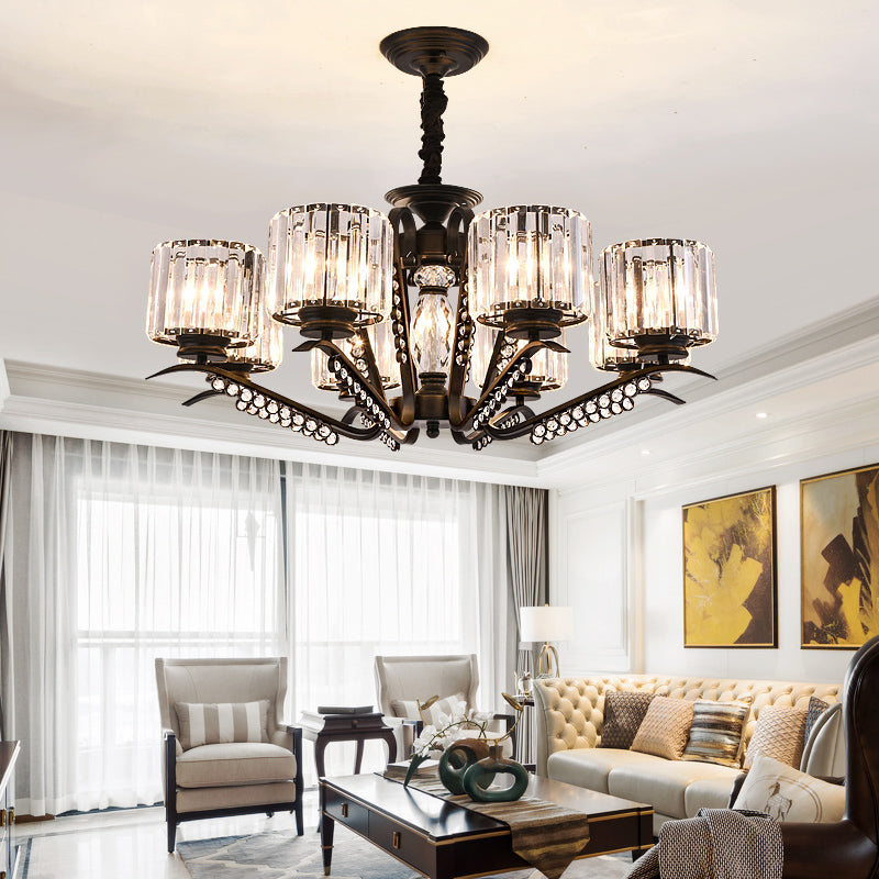 Sleek Black Cylindrical Chandelier With Tri-Sided Crystal Rods - Minimalist Hanging Light Fixture