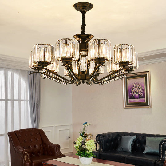 Sleek Black Cylindrical Chandelier With Tri-Sided Crystal Rods - Minimalist Hanging Light Fixture