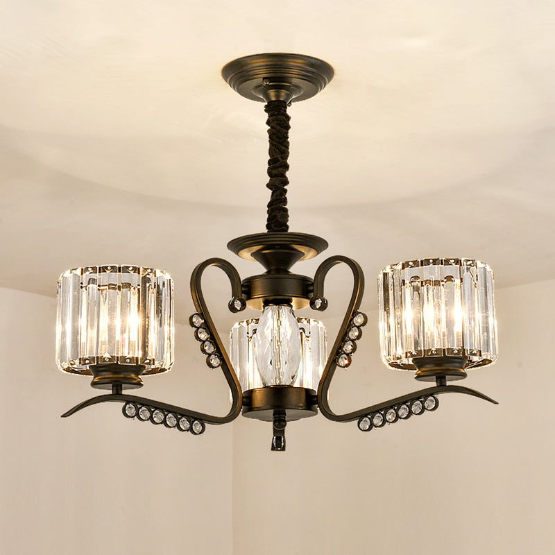 Sleek Black Cylindrical Chandelier With Tri-Sided Crystal Rods - Minimalist Hanging Light Fixture