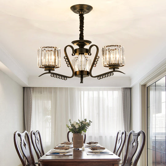 Sleek Black Cylindrical Chandelier With Tri-Sided Crystal Rods - Minimalist Hanging Light Fixture