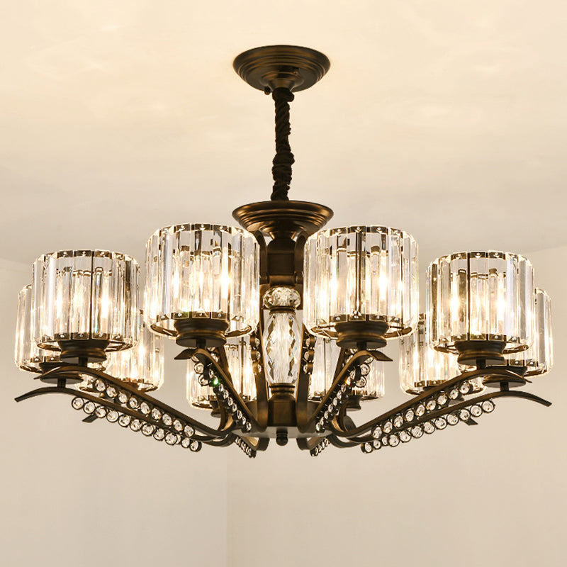 Sleek Black Cylindrical Chandelier With Tri-Sided Crystal Rods - Minimalist Hanging Light Fixture