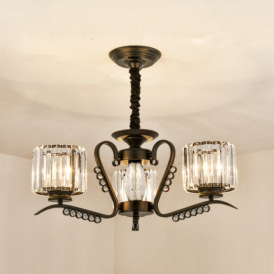 Sleek Black Cylindrical Chandelier With Tri-Sided Crystal Rods - Minimalist Hanging Light Fixture