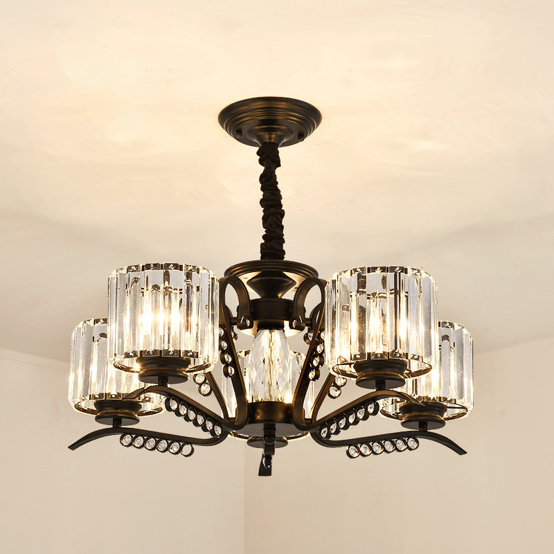 Sleek Black Cylindrical Chandelier With Tri-Sided Crystal Rods - Minimalist Hanging Light Fixture