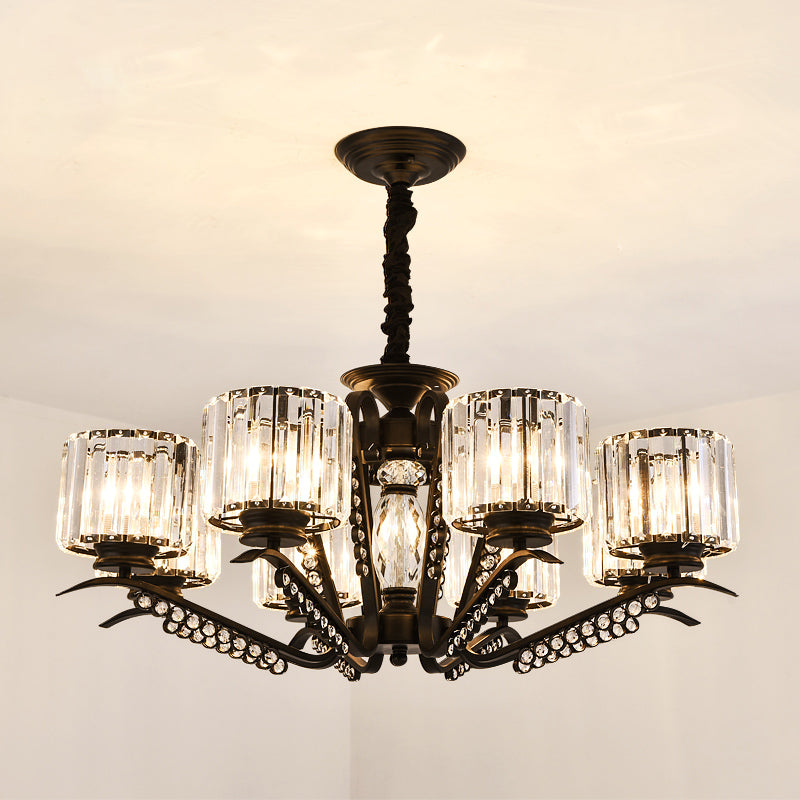 Sleek Black Cylindrical Chandelier With Tri-Sided Crystal Rods - Minimalist Hanging Light Fixture