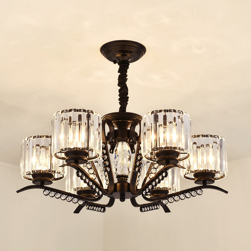 Sleek Black Cylindrical Chandelier With Tri-Sided Crystal Rods - Minimalist Hanging Light Fixture