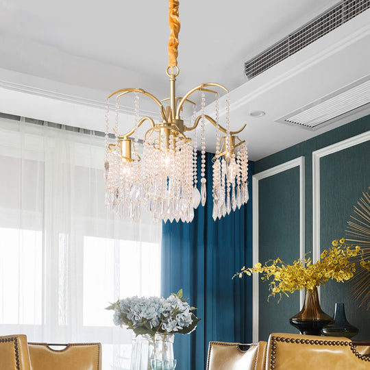 Antique Crystal Tassel Chandelier Lamp With Gold Finish - Elegant Bedroom Hanging Light Fixture