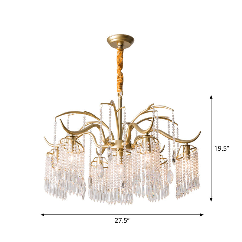 Antique Crystal Tassel Chandelier Lamp With Gold Finish - Elegant Bedroom Hanging Light Fixture