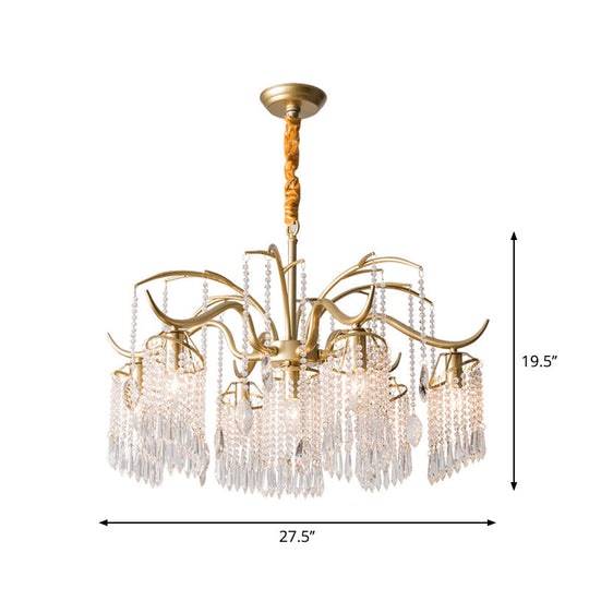 Antique Crystal Tassel Chandelier Lamp With Gold Finish - Elegant Bedroom Hanging Light Fixture