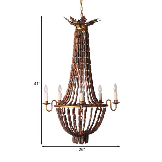 Empire Vintage Wood Chandelier Lighting - 5-Light Red Brown Pendant For Living Room