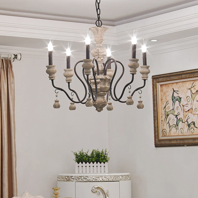 Traditional Wood Candelabra Chandelier With 6 Hanging Gray Lights - Perfect For Living Room