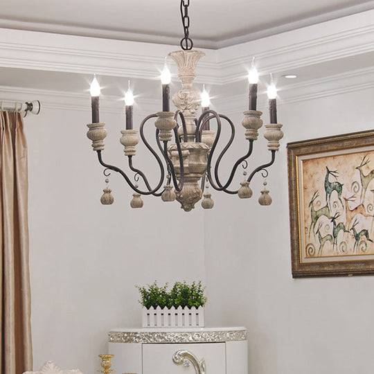 Traditional Wood Candelabra Chandelier With 6 Hanging Gray Lights - Perfect For Living Room