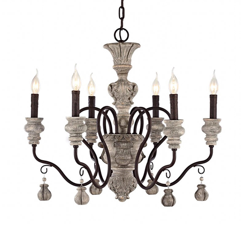 Traditional Wood Candelabra Chandelier With 6 Hanging Gray Lights - Perfect For Living Room