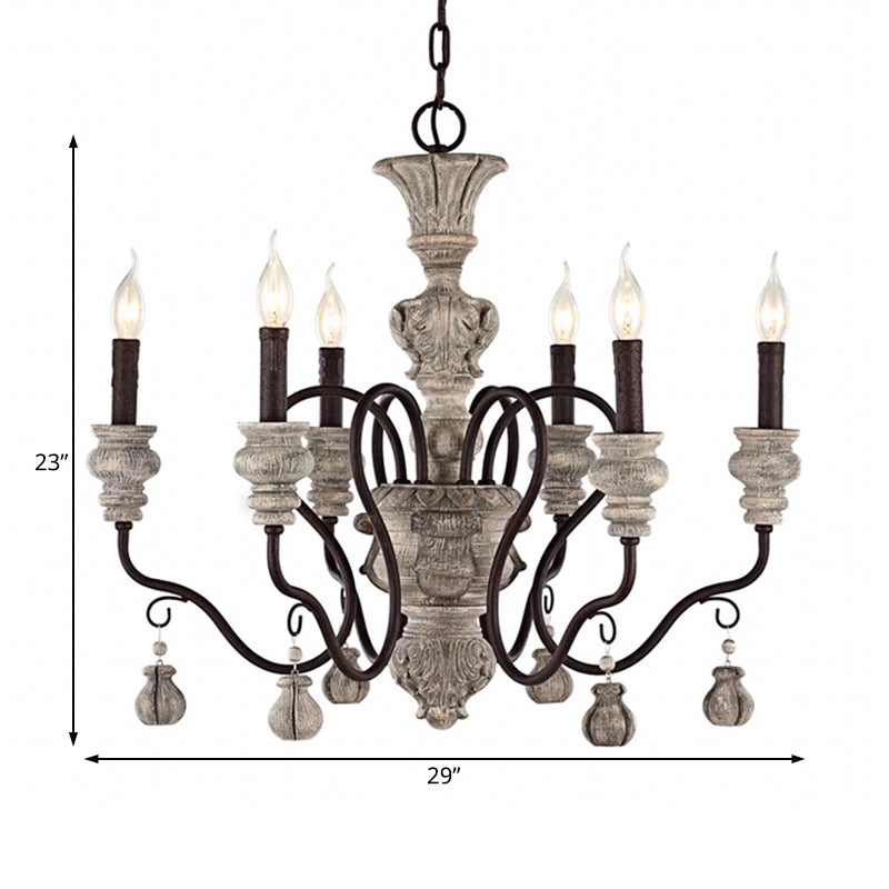 Traditional Wood Candelabra Chandelier With 6 Hanging Gray Lights - Perfect For Living Room