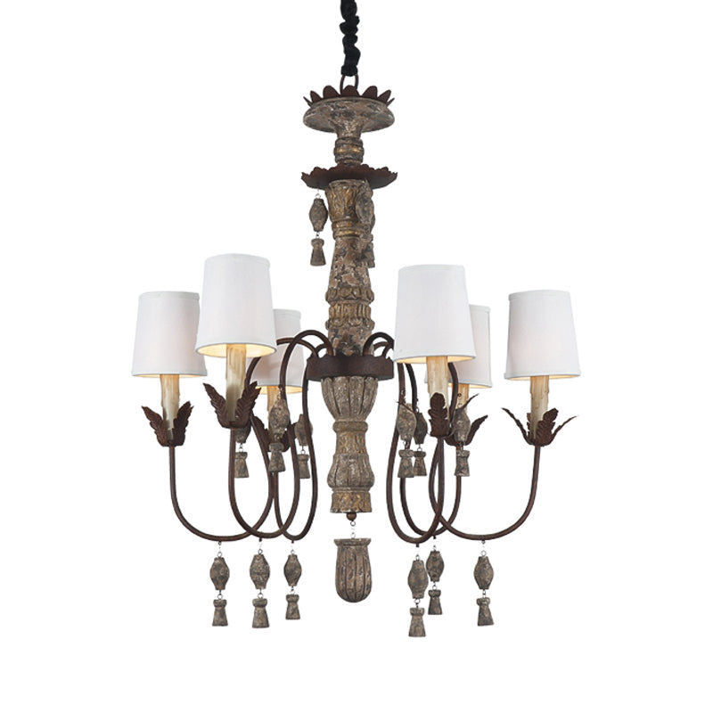 Vintage Tapered Fabric Chandelier With 6 Lights - Black And Wood Hanging Light Fixture For Bedroom