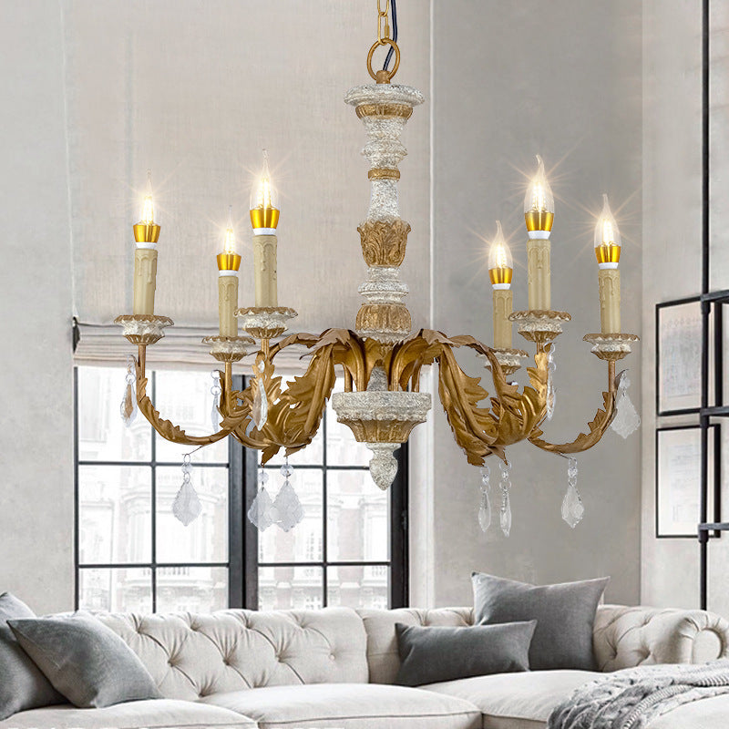 Gold Crystal Chandelier - Traditional 6-Light Hanging Fixture For Living Room